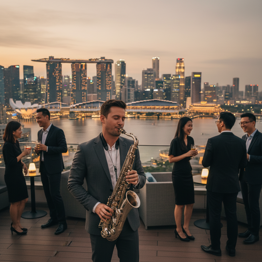 Live saxophonist performing against the Marina Bay skyline during a corporate rooftop event in Singapore