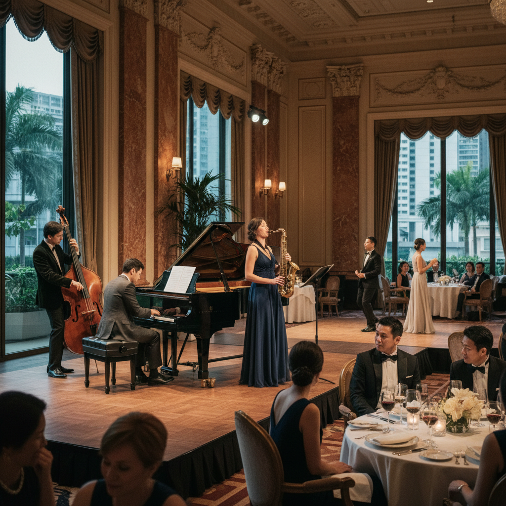 A jazz trio performing elegant live music in a well-lit luxury hotel ballroom in Singapore for a corporate event, Luxoria Entertainment.