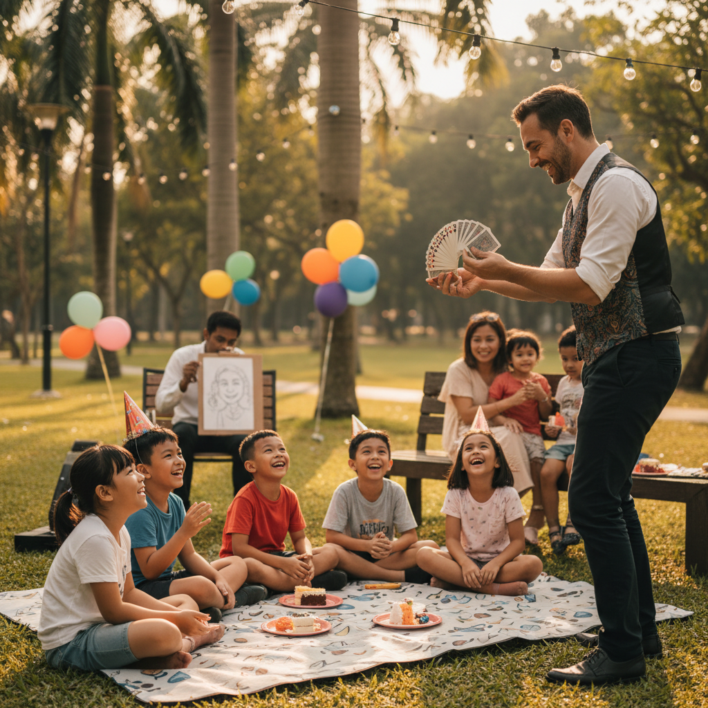 A professional magician from Luxoria Entertainment performing a card trick for a group of laughing children at a birthday party in Singapore, with a caricaturist in the background sketching a child.
