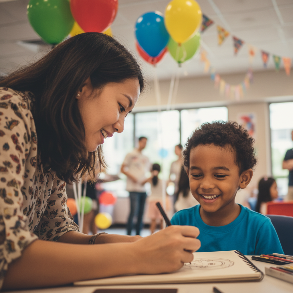 A close-up, joyful photograph of a professional caricaturist from Luxoria Entertainment sketching a smiling child at a brightly lit kids' birthday party in a Singapore community center.