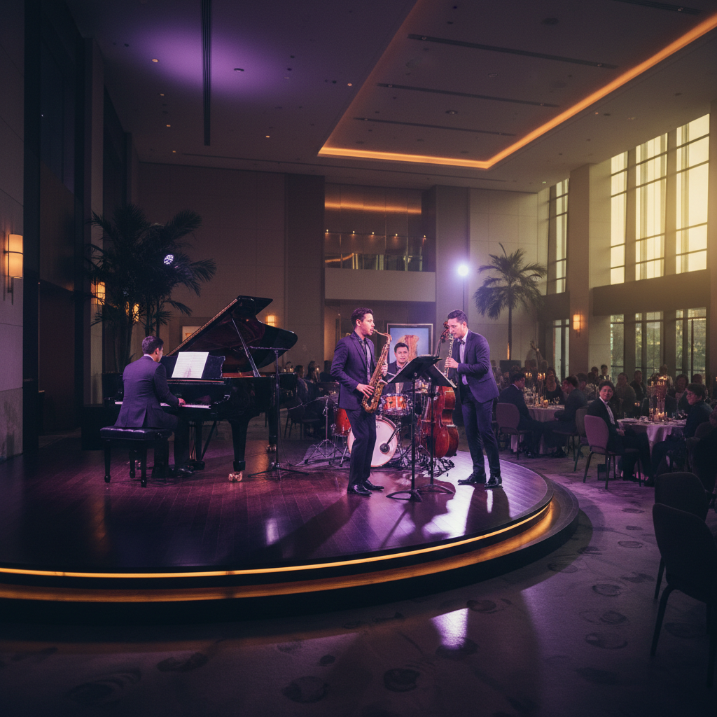 A live band performs on a well-lit stage in a luxurious hotel ballroom in Singapore, showcasing an optimized stage setup with clear sound and lighting for a corporate gala dinner by Luxoria Entertainment.