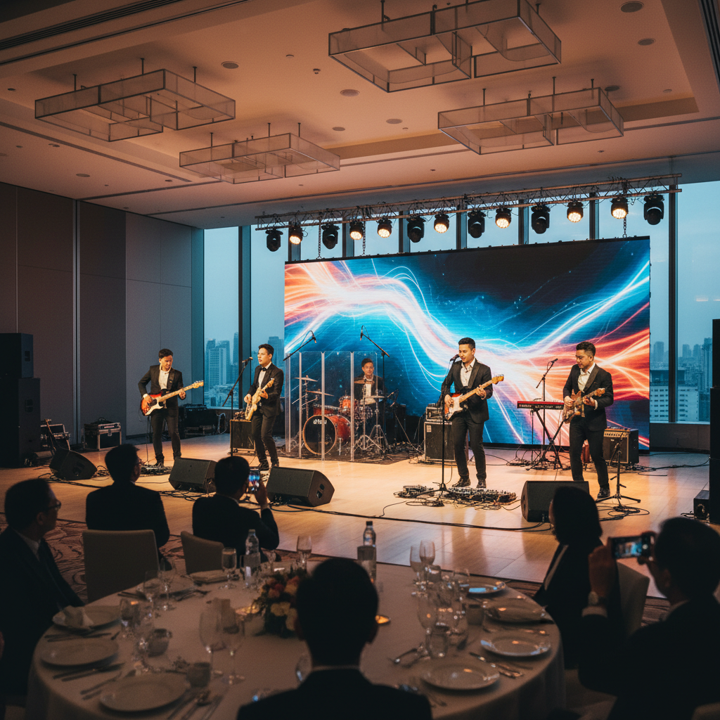 Luxoria Entertainment live band performing on a well-lit stage in a grand ballroom in Singapore, showcasing excellent stage setup.