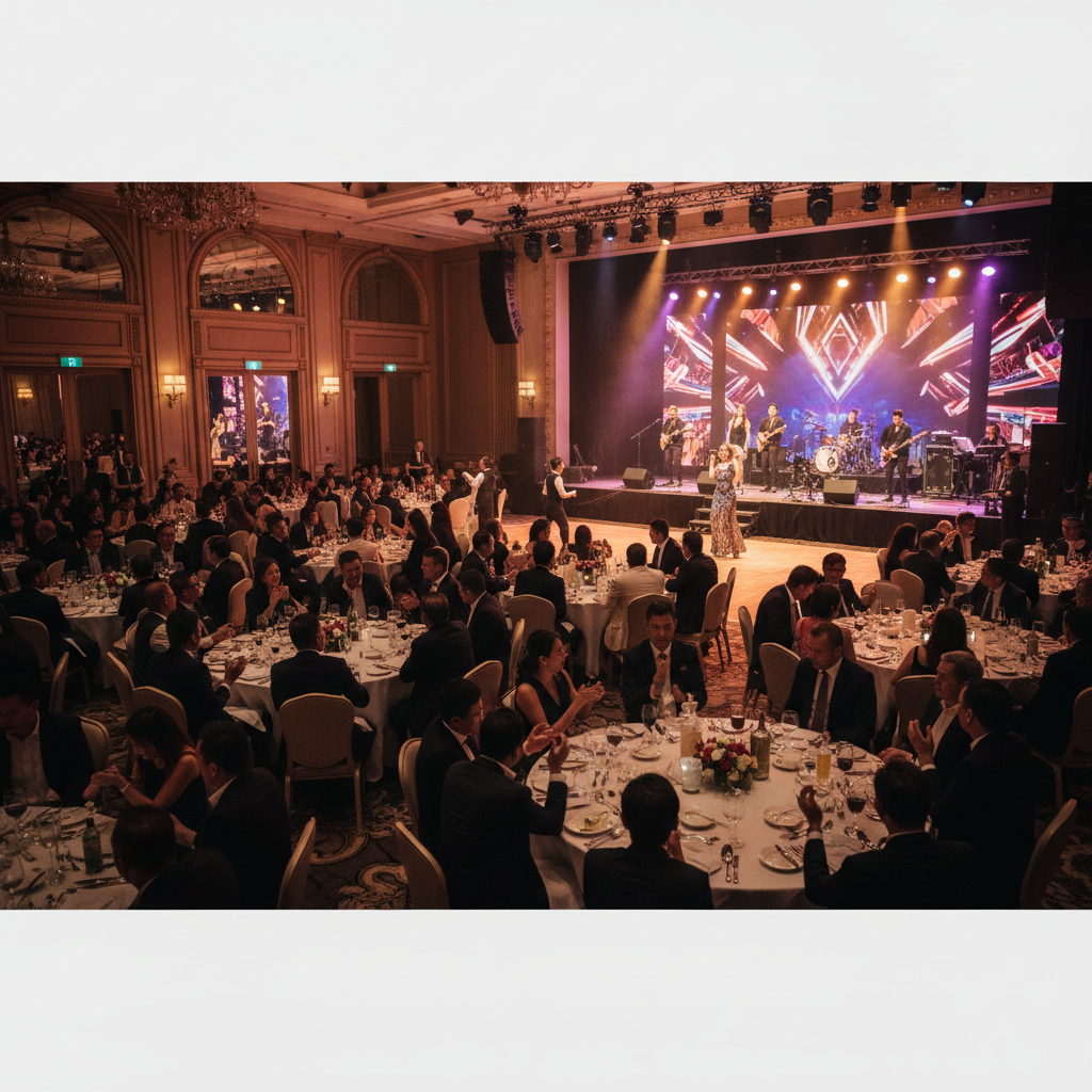Luxoria Entertainment live band and emcee performing on stage at a corporate dinner and dance in a Singapore hotel ballroom