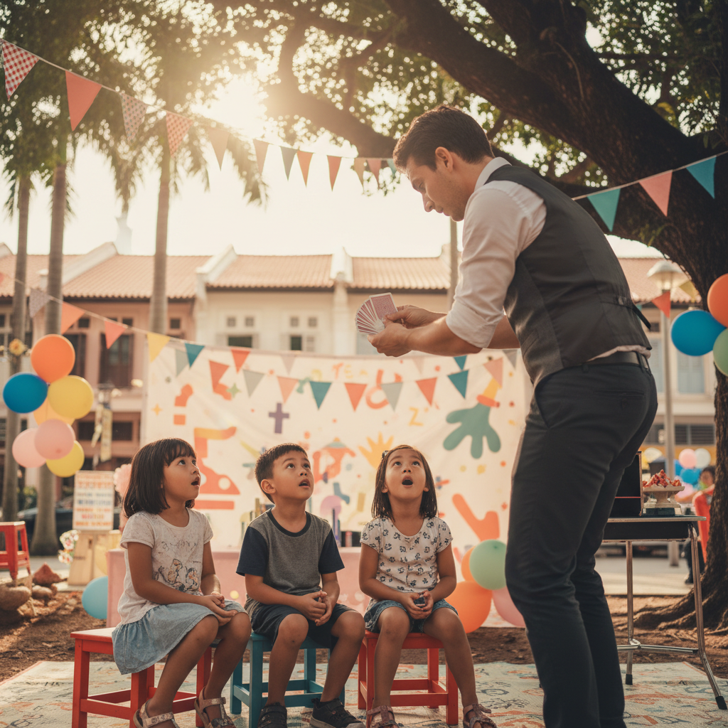 A close-up shot of a magician performing a card trick for a group of smiling children at a Singapore kids' party, showcasing the interactive nature of roving magic provided by Luxoria Entertainment.