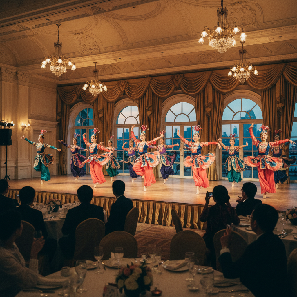 Luxoria Entertainment dancers performing an energetic routine at a corporate event in a Singapore ballroom.