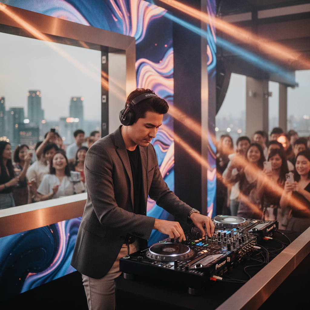 A dynamic shot of a DJ performing at a Luxoria Entertainment brand activation event in Singapore, with a mix of vibrant lighting and engaged attendees.