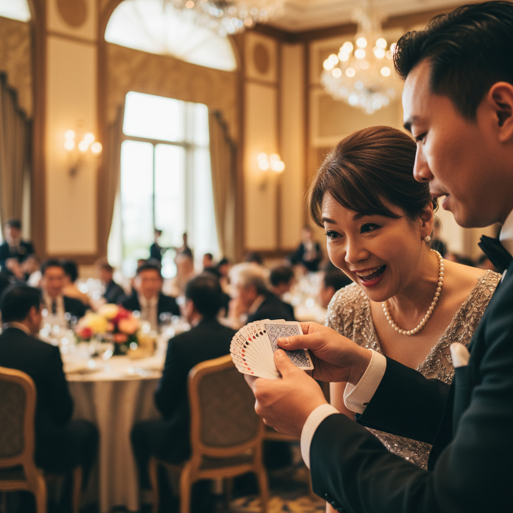 Luxoria Entertainment close-up magician engaging a guest at a Singapore gala dinner