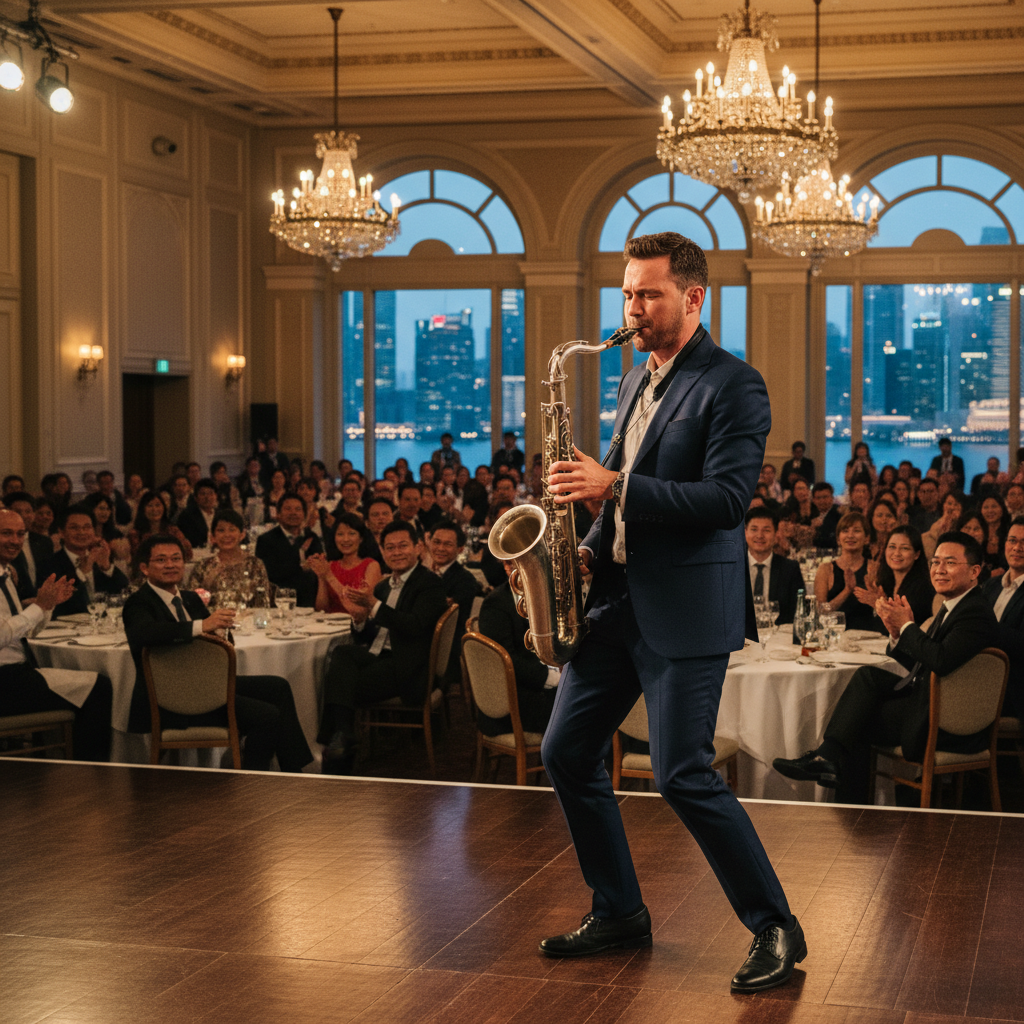 A professional saxophonist from Luxoria Entertainment performing on stage at a corporate gala dinner in a luxury hotel ballroom in Singapore, with elegant lighting and a stylish audience.