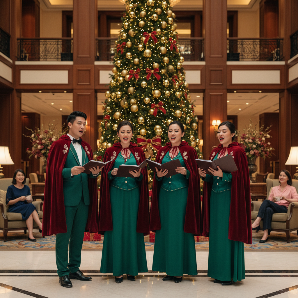A group of cheerful Christmas carolers in festive red and green outfits singing harmoniously at a beautifully decorated hotel lobby in Singapore, with a Christmas tree in the background.