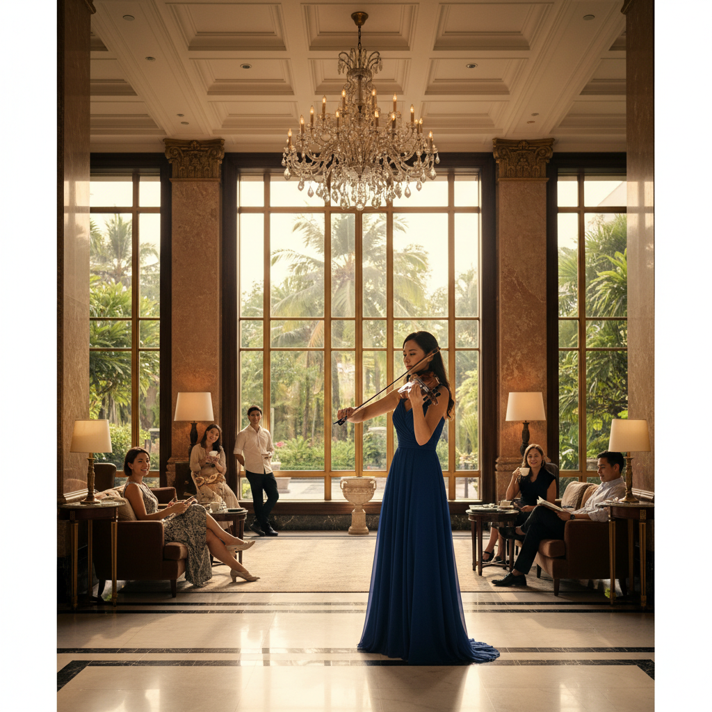 A skilled solo violinist performing in a luxurious hotel lobby in Singapore, guests enjoying the live music.