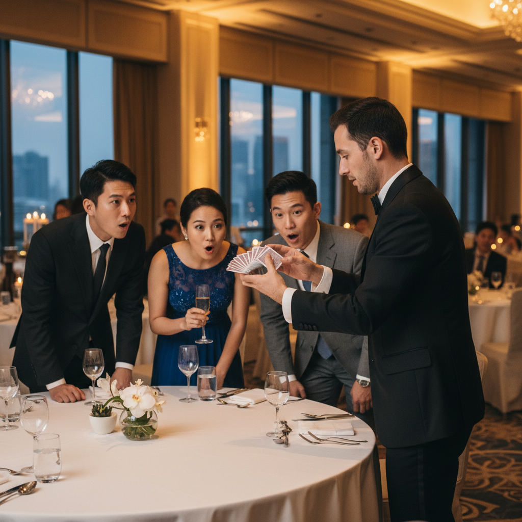 A skilled Luxoria Entertainment magician performing close-up magic with cards for a small group of engaged corporate guests at a Singapore gala dinner.