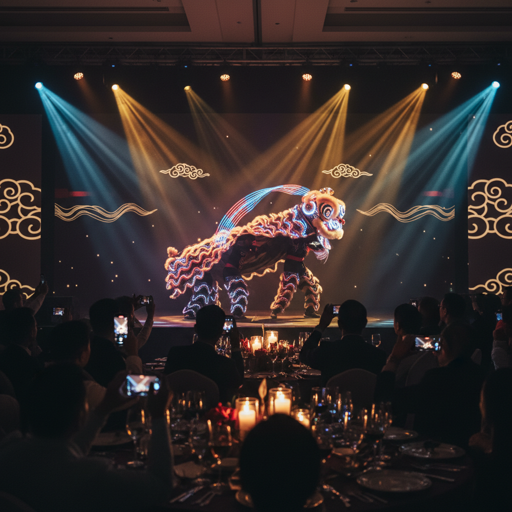 A vibrant LED lion dance performance taking place on a stage at a corporate event in Singapore, with an audience watching in awe.